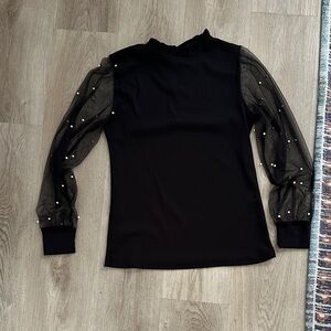Chic Black Blouse with Sheer Embellished Sleeves